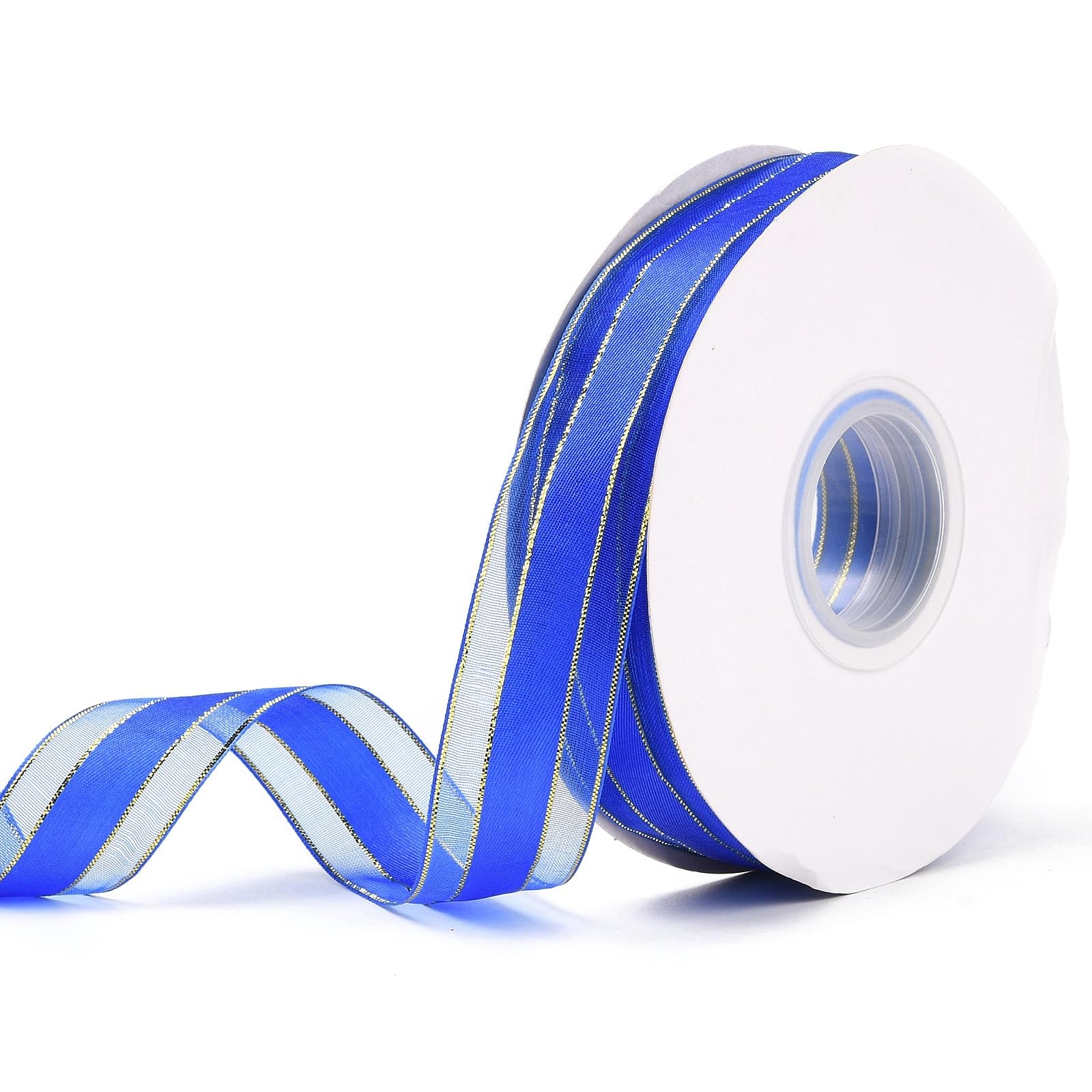 50 Yards Royal Blue Sheer Organza Chiffon Ribbons with Gold Wired Edge for Gift 