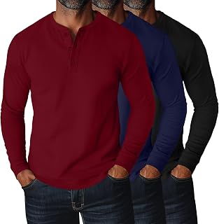 Ficerd 3 Pack Men's Plus Size Long Sleeve Loose Fit Cotton Blend Henley Tops