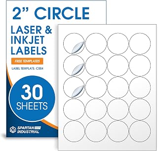 2" Printable Round Labels for Laser and Inkjet Printers - 600 Blank Labels | 30 Sheets for Thank You Stickers, Price Tags, QR Codes, Business Logos - Spartan Industrial Template C004