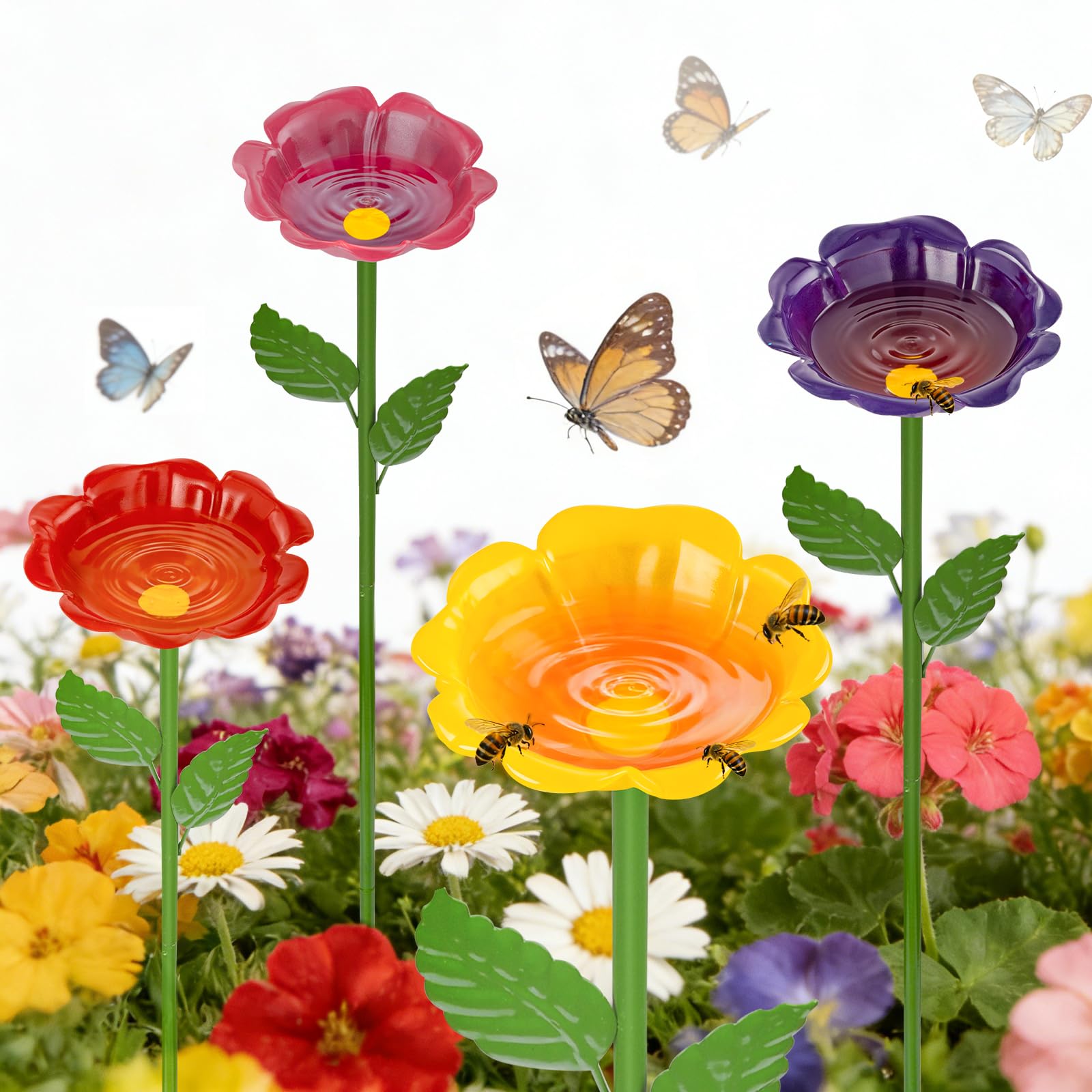Mellbree Bee Watering Station, 4-Pack Metal Flower Bee Bath for Garden – Butterf