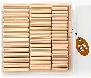 HIQUODIN 90PCS Wooden Dowel Pins Kit, Wooden Pegs for Furniture | 1/4, 5/16, 3/8 Inch Wood Dowels, True Imperial Diameters, Fits Self-Centering Dowel Jig for Repair & Woodworking