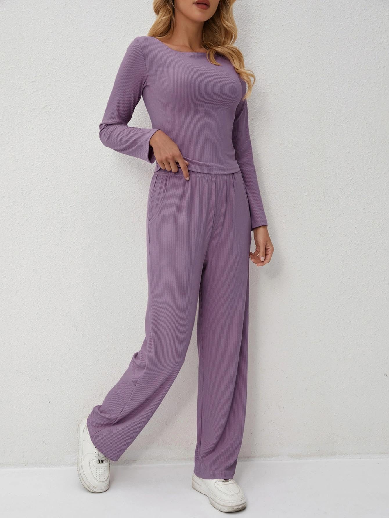 Women's Home Set 2 Piece Set Comfortable Pure Color Long Sleeve Long Pants Set f