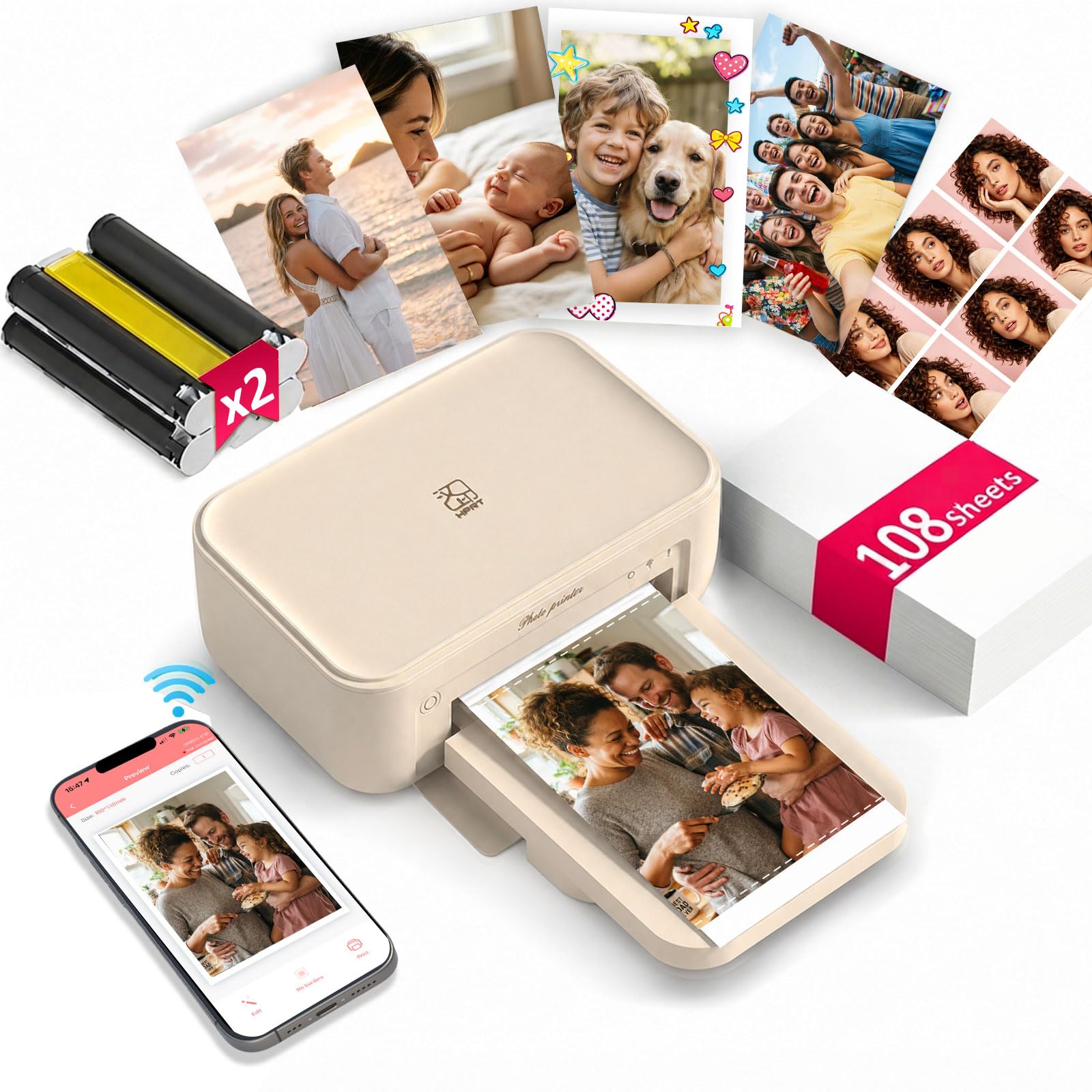 iDPRT 4x6 Photo Printer, CP4100 Phone Printer 108 Sheets & 2 Cartridges | Instan