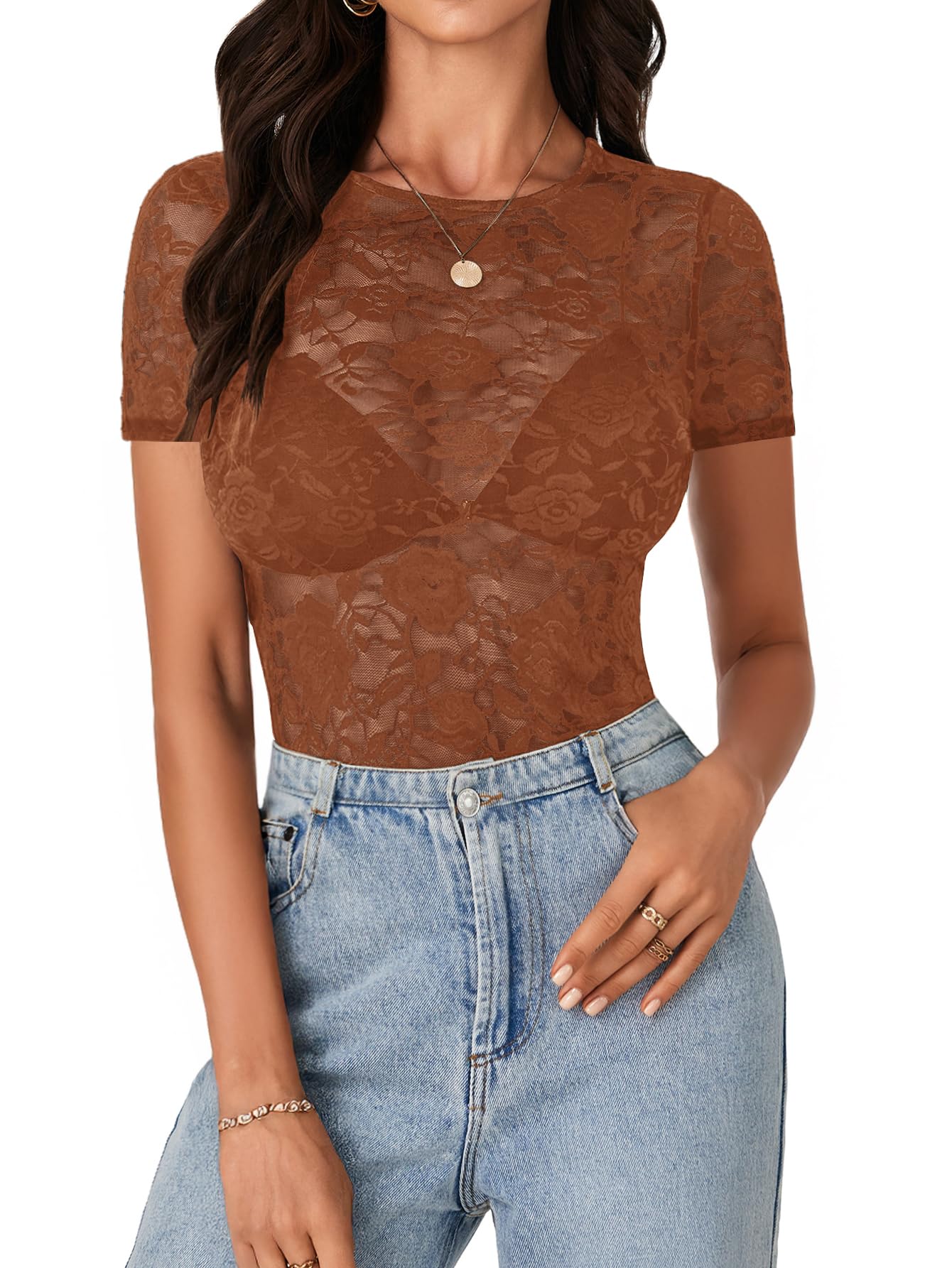 LYANER Women's Floral Lace Sexy Y2k Tee Tops