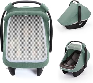 Blissful Diary Muslin Baby Car Seat Cover, Infant Canopy, Roman Green | Breathable Large Mesh Window, 360° fits most seats, Windproof, Easy baby access, Baby must have & essentials, Newborn gift