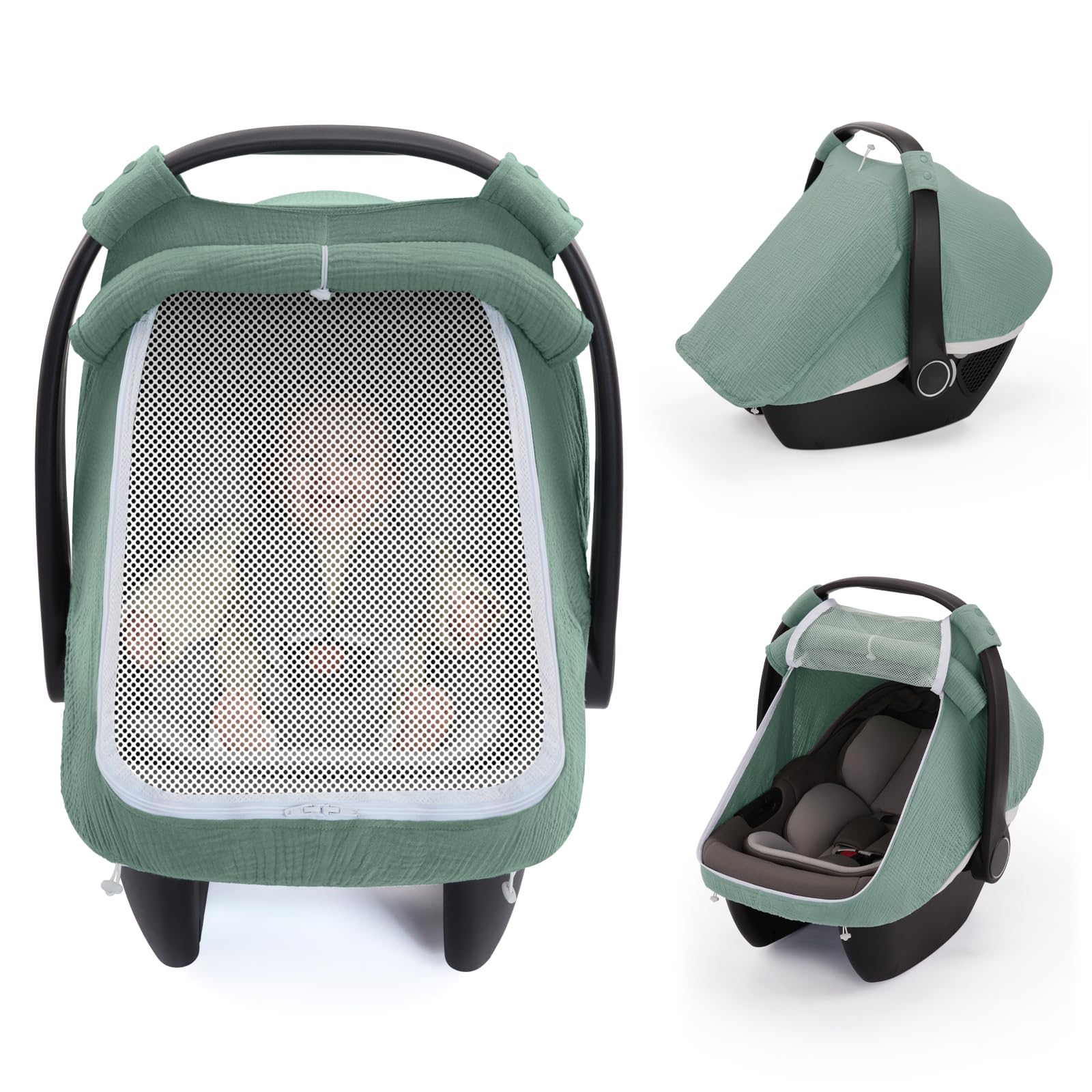 Blissful Diary Muslin Baby Car Seat Cover, Infant Canopy, Roman Green | Breathab