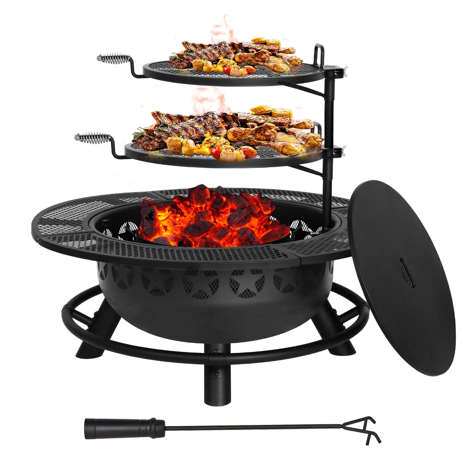 Hykolity 35 Inch Fire Pit with 2 Cooking Grate & Charcoal Pan, Outdoor Wood Burn