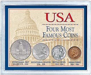 American Coin Treasures USA Four Most Famous Coins, Genuine Coin Set, Buffalo Nickel, Indian Head Cent, Bicentennial Half Dollar and Quarter, Certificate of Authenticity