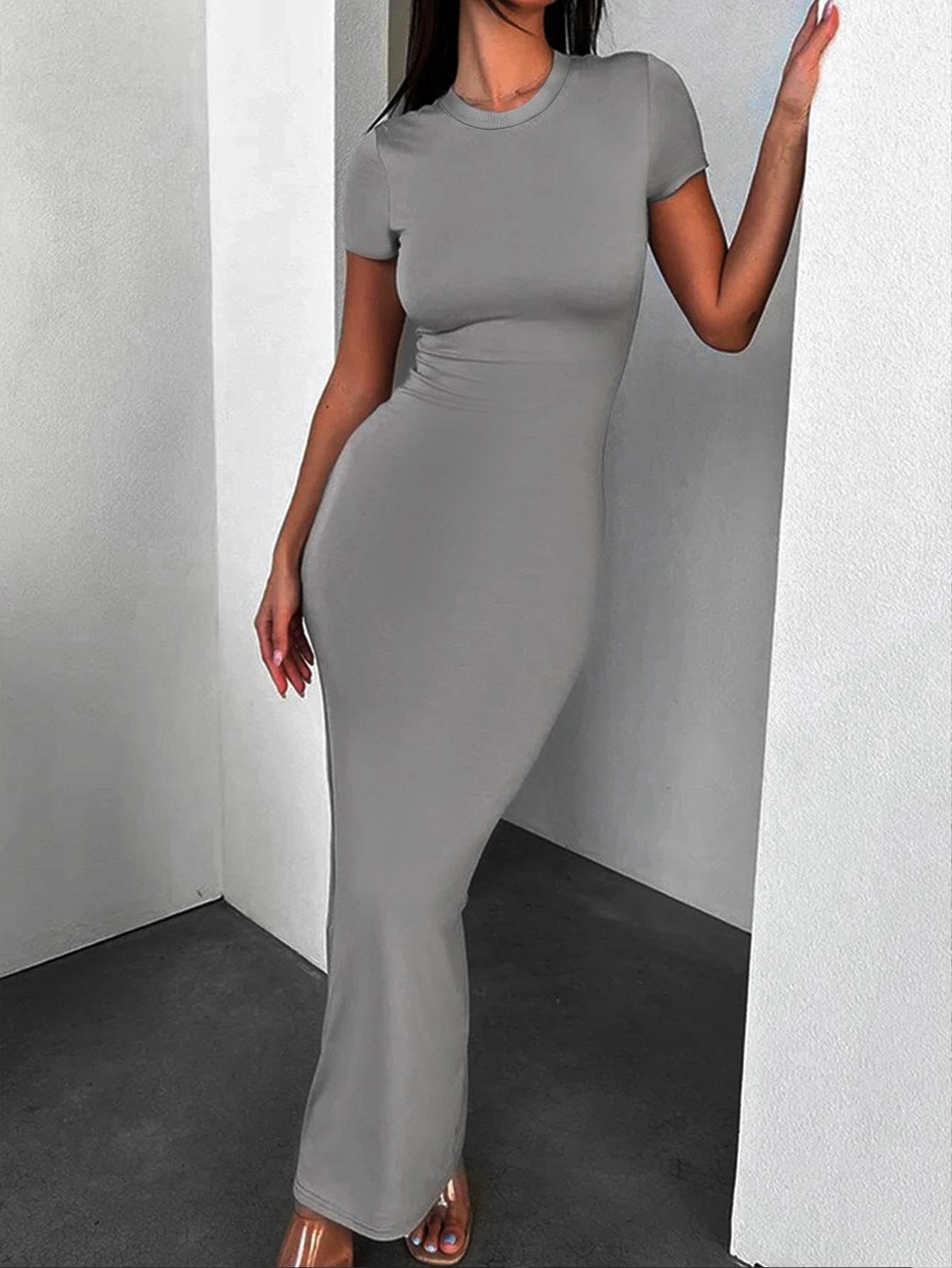 Women Short Sleeve Solid Slim Fit Fashion Sexy Curved Slim Fit Casual Fashion Dr