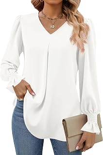Funlingo Women's 2025 Long Sleeve Tops Dressy Casual V Neck Tunic Shirts Loose Chiffon Work Blouse
