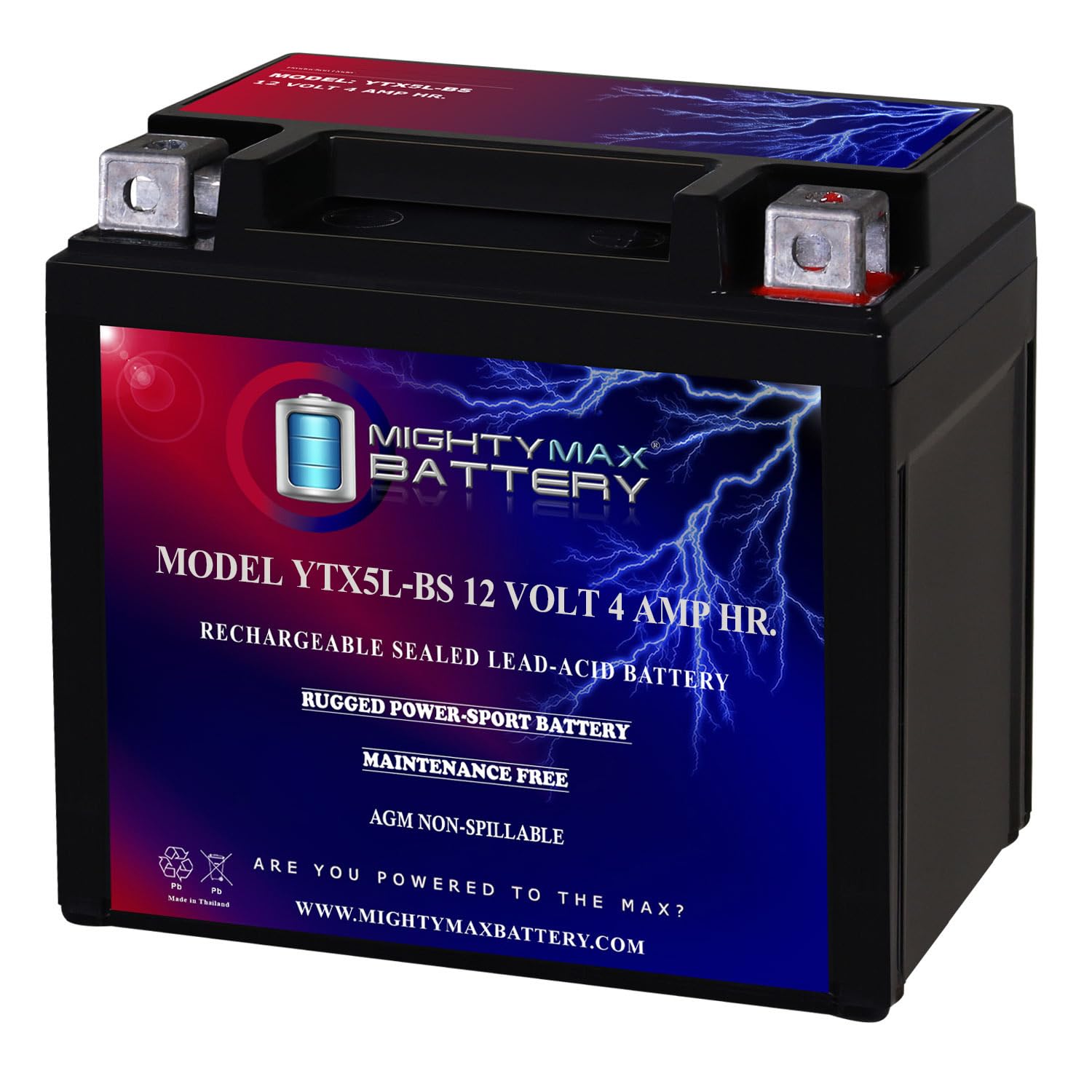 Mighty Max Battery YTX5L-BS -12 Volt 4 AH, 80 CCA, Rechargeable Maintenance Free