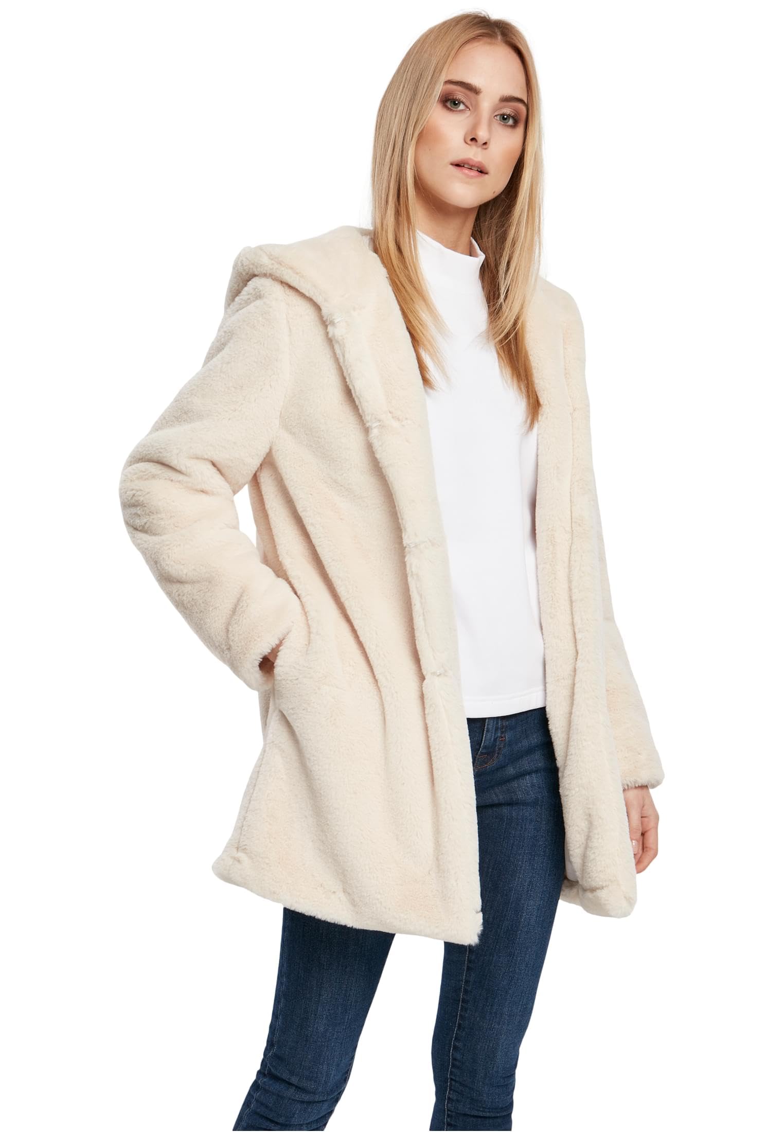 URBAN CLASSICS Women's Faux Fur Coat with Large Hood, Side Pockets and Eyelet Cl