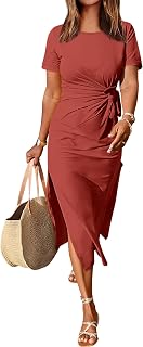 ANRABESS Summer Women Short Sleeve Round Neck Maxi Dress Tie Waist Casual Slim Fit Slit Beach Dresses