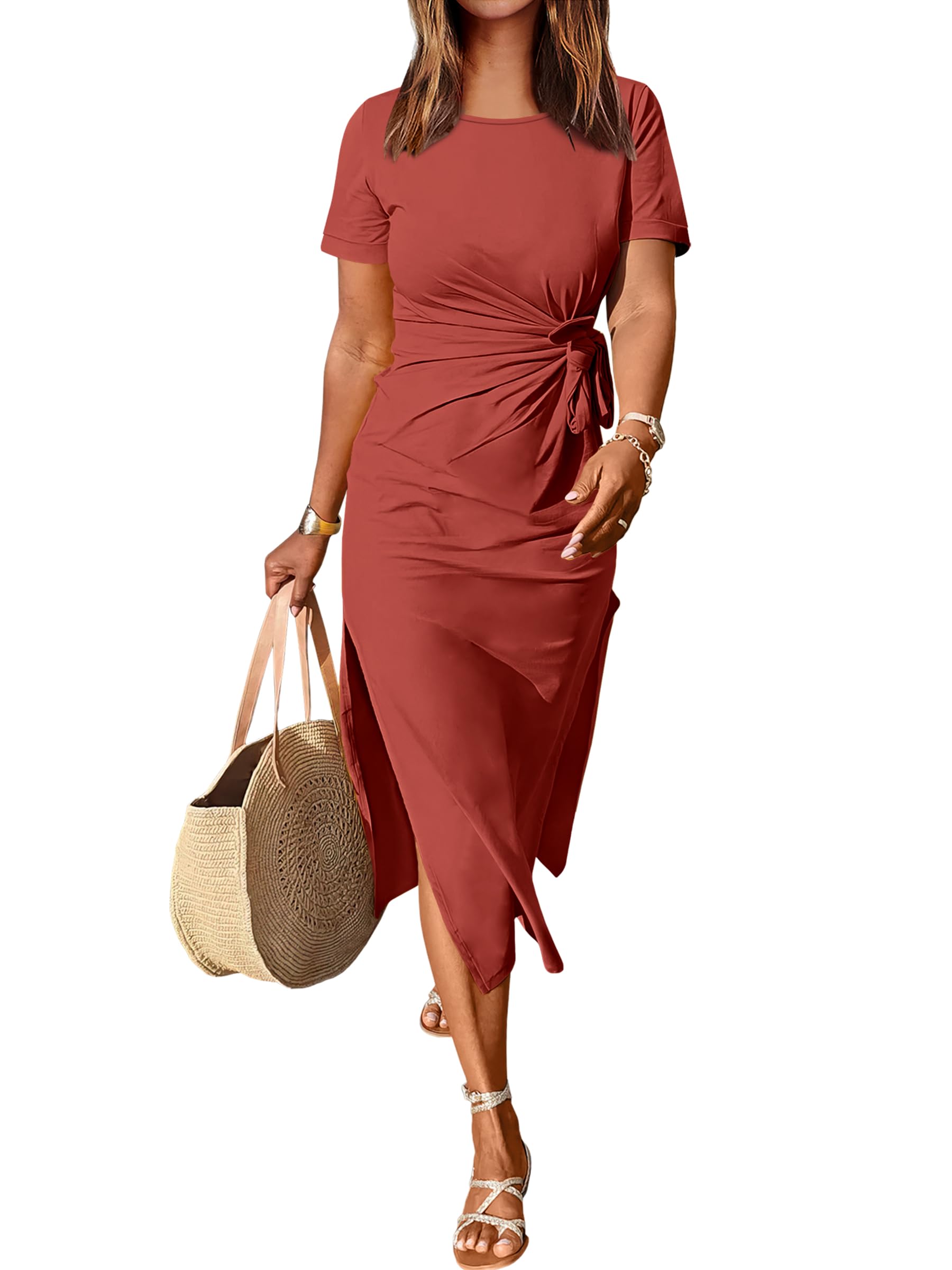 ANRABESS Summer Women Short Sleeve Round Neck Maxi Dress Tie Waist Casual Slim F