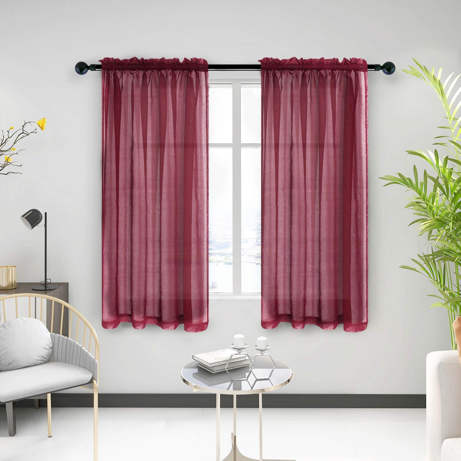 Anjee Red Sheer Curtains Rods Pocket Voile Linen Texture Drapes 2 Panels Window 