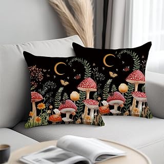 Set of 2 Vintage Mushroom Pillow Covers 18x18 Inch Cushion Covers Aesthetic Gift Modern Decorative Throw Pillow Covers for Home Office Sofa Bed Black