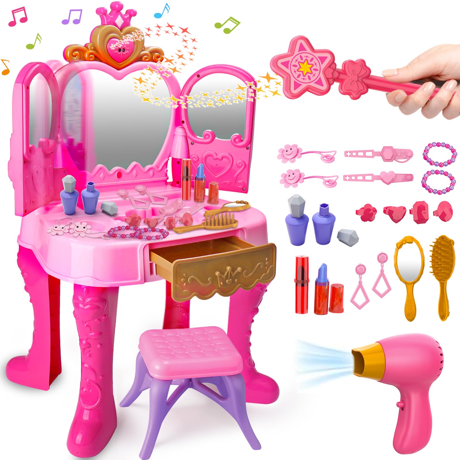 Toy Vanity Magic Makeup Set Table & Chair Girl Toy Automatically Mirror with Mus