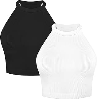 Sunzel Women's Ribbed Halterneck High Neck Seamless Camisole Sleeveless Crop Tank Tops