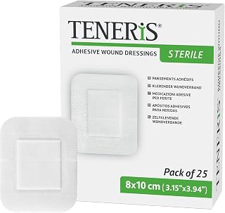 Teneris Sterile Adhesive Wound Dressings – 8×10cm, Pack of 25 – Individually Wrapped, Breathable Surgical Plasters for Post-Operative Wound Care & Medical Device Fixation