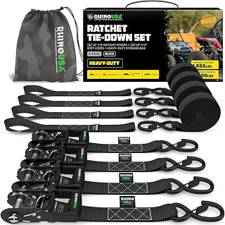 Rhino USA Heavy Duty Ratchet Tie Downs (4-Pack) - 1.6in x 8ft, 5,000lb | 5,000lb Break Strength. Manual Ratchet w/ Safety S Hooks & Soft Loops. For Trucks, ATV, UTV, Motorcycle & Cargo. Black