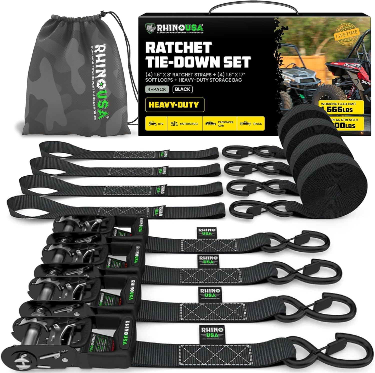 Rhino USA Heavy Duty Ratchet Tie Downs (4-Pack) - 1.6in x 8ft, 5,000lb | 5,000lb