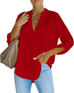 NONSAR Henley Women's Elegant V-Neck Roll Up Sleeve Casual Blouse