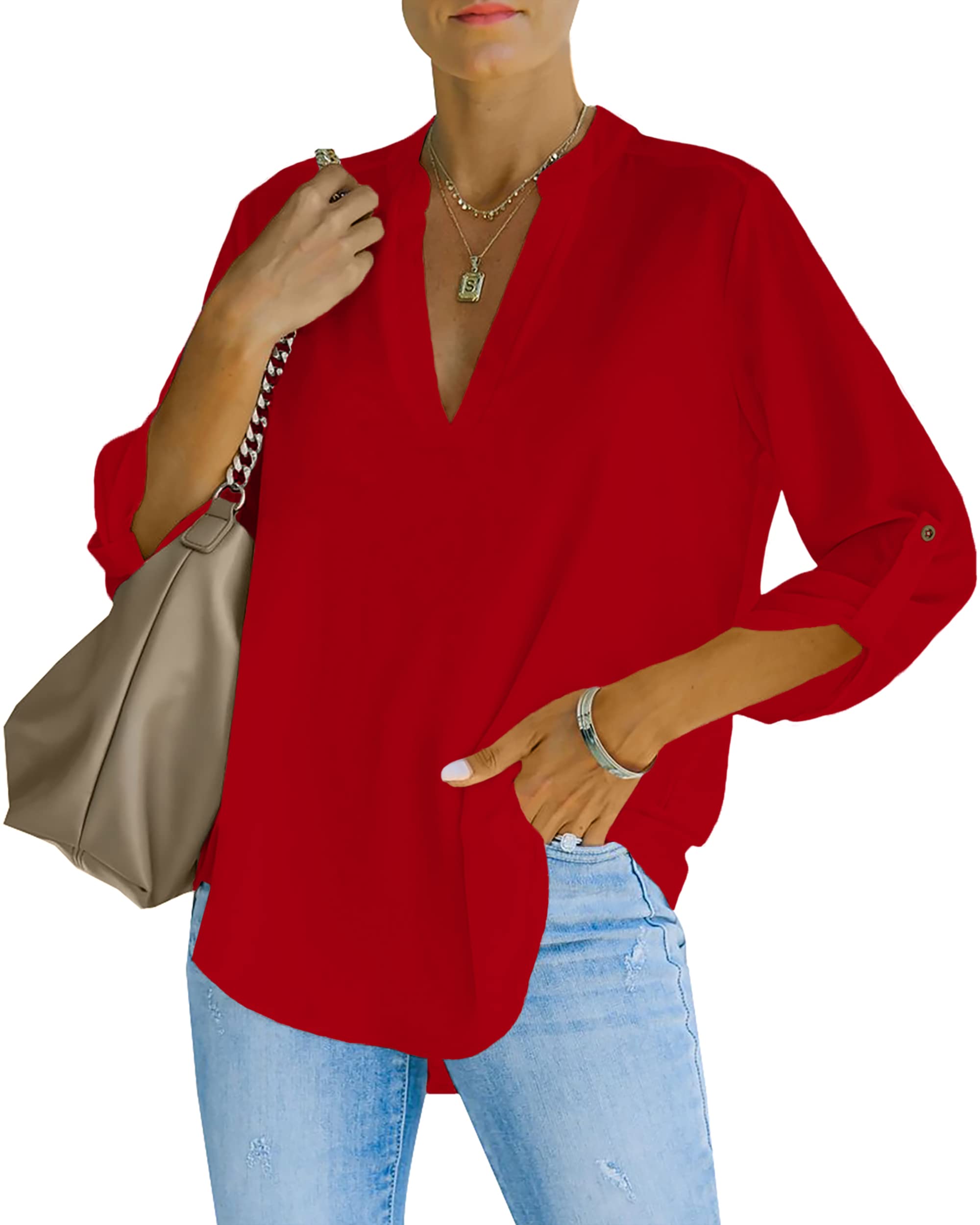 NONSAR Henley Women's Elegant V-Neck Roll Up Sleeve Casual Blouse