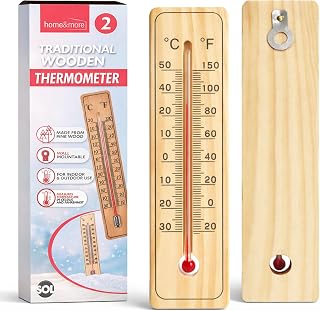 SOL 2pk Traditional Wooden Wall Thermometers - Indoor Outdoor Gauge | Classic wood frame with clear easy read scale, wall mount for home, garden, greenhouse and shed