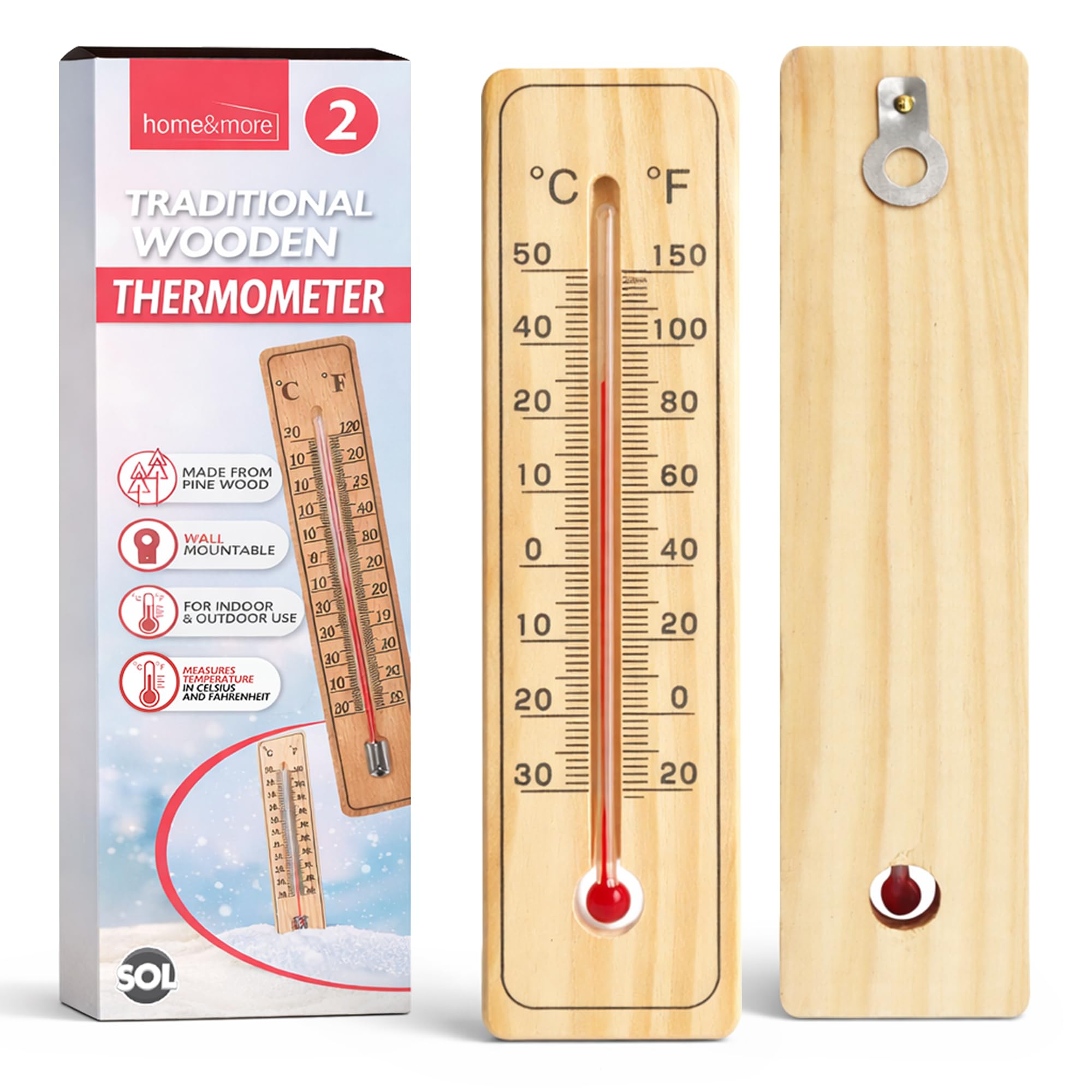 SOL 2pk Traditional Wooden Wall Thermometers - Indoor Outdoor Gauge | Classic wo