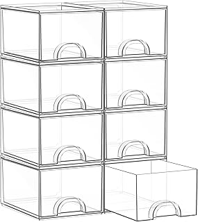 Zeawec 8 Pack Small Clear Stackable Acrylic Storage Boxes & Drawers | Storage Organizer, Clear Plastic Makeup Organizer, Ideal for Vanity, Cabinet, Desk Organization, Art Tool & Sketch