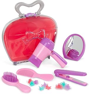 Battat Play Circle Beauty Shop Hair Salon Set with Dryer and Case, Playset | 15-piece pretend play salon set with toy hair dryer, mirror, brush, comb, flat iron, 9 clips, and carrying case, 3+ Years