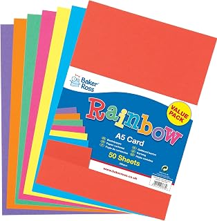 Baker Ross AV534 A5 Rainbow Coloured Card - Pack of 50 Sheets, 220gsm, Assorted Colours, Card Making, Scrapbooking, Craft Supplies