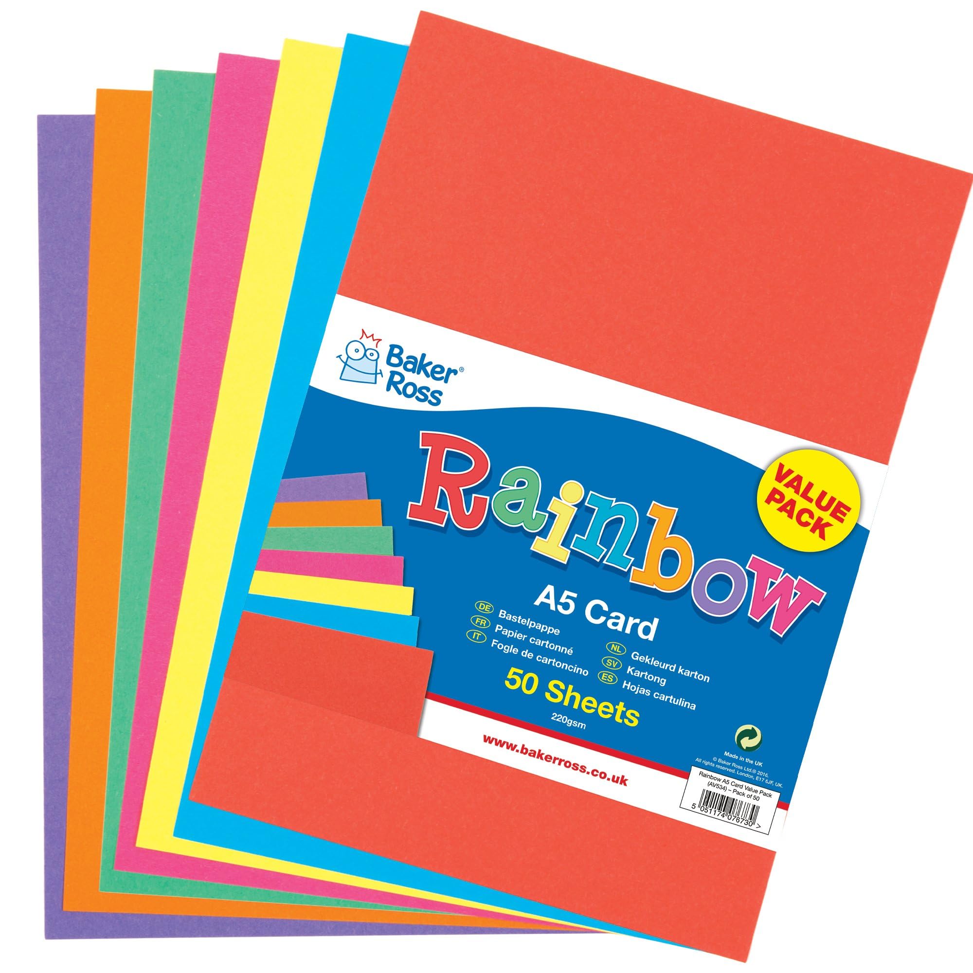 Baker Ross AV534 A5 Rainbow Coloured Card - Pack of 50 Sheets, 220gsm, Assorted 
