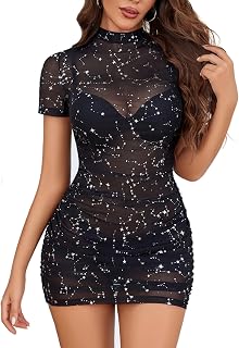 Avidlove Women's Elegant Dress Sexy Fishnet Party Costume Rave Neck Faux Evening Pleated Short Sleeve Curvy