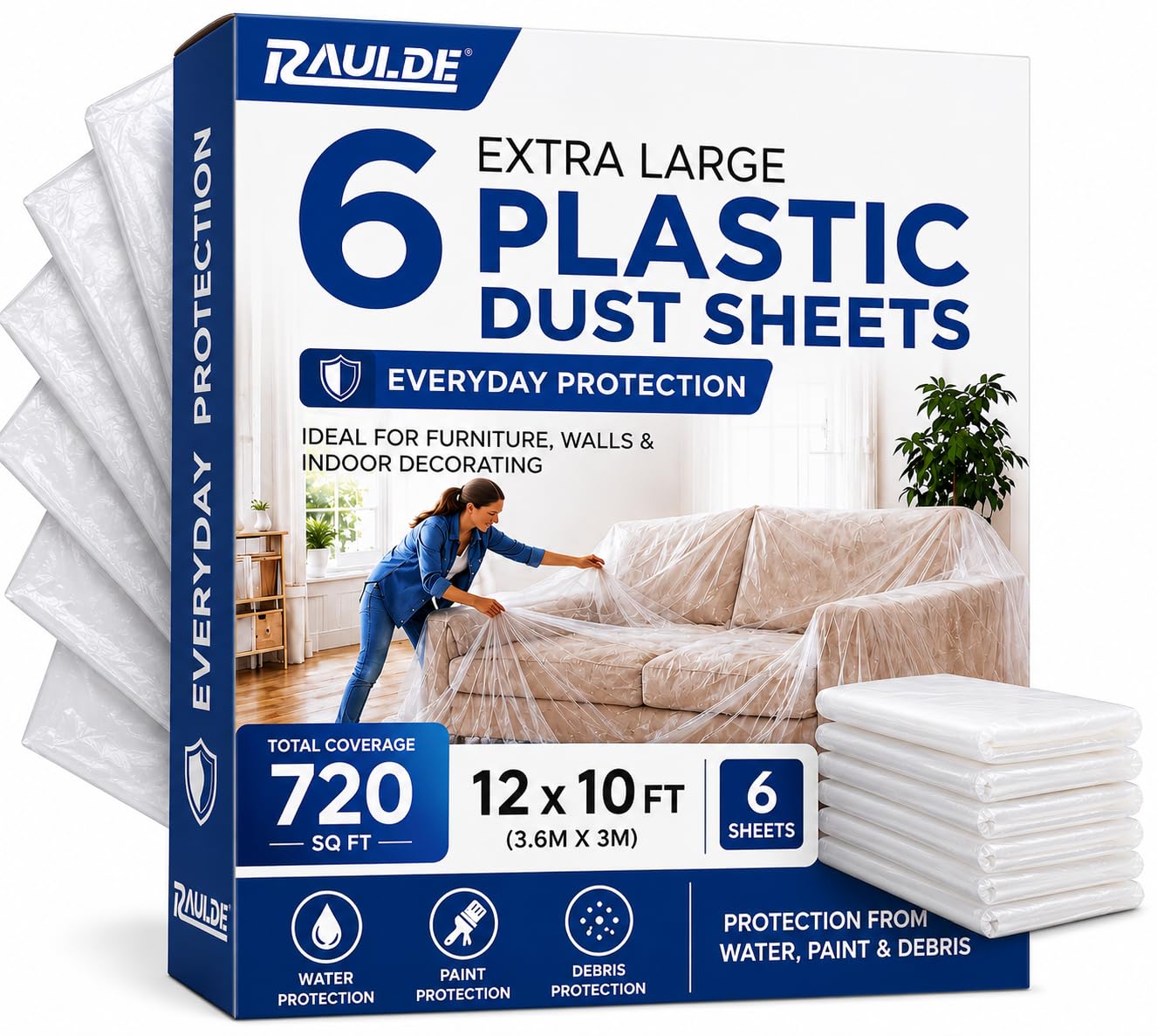 Raulde 6 Pack Extra Large Plastic Dust Sheets for Decorating 3.6 x 3m (12 x 10ft