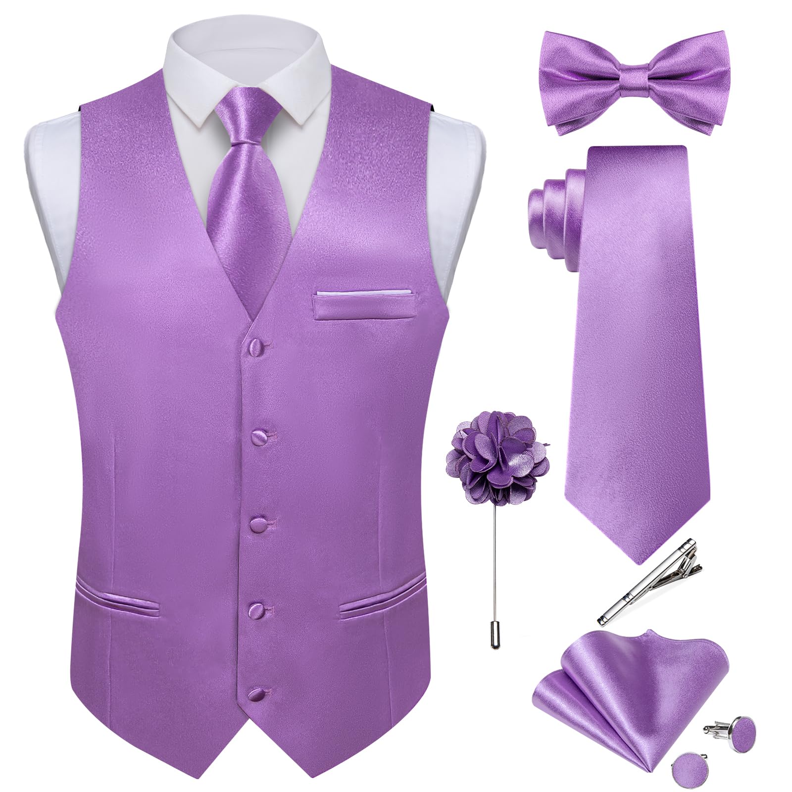 DiBanGu Men's Satin Suit Vest and Tie Solid Color Vest and Bow Tie for Tuxedo Fo