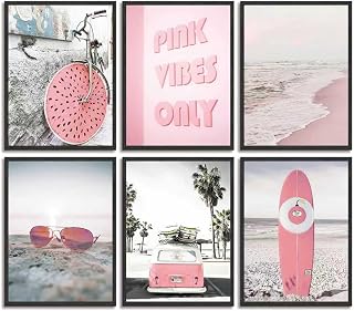 6pcs Pink Coastal Granddaughter Canvas Wall Art Fresh Pink Ocean Surfboard Poster Prints Paintings Summer Beach Surfing Wall Decor Pictures for Living Room Bedroom Bathroom Home Decoration Unframed