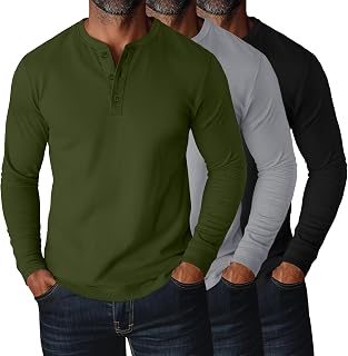 Ficerd 3 Pack Men's Plus Size Long Sleeve Loose Fit Cotton Blend Henley Tops
