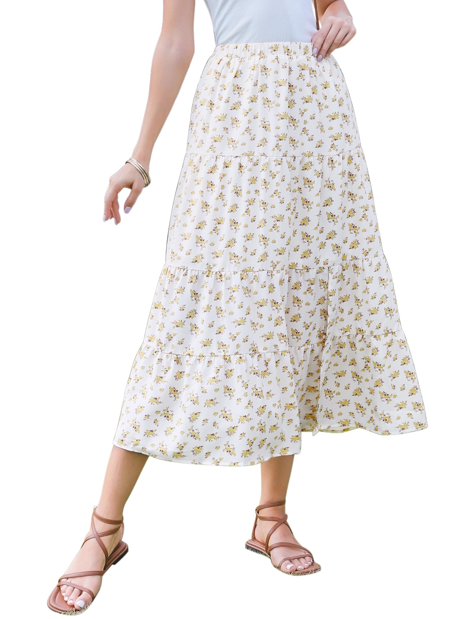 Allegra K Floral Maxi Skirt for Women Boho Elastic High Waist A-Line Skirts