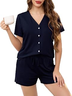 Wikoan Women's Summer Cotton Pyjamas Short Sleeve Top with Buttons and Pyjamas Shorts Sleepwear 2 Pieces S-XXL