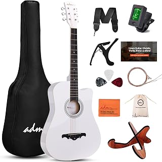 ADM 38" Inch Acoustic Guitar Bundle for Beginners Adults with Online Lesson, Cutaway Wood Acustica Guitarra Starter Set Package with Gig Bag, Strap, Steel Strings, Picks, Capos, Stand, White