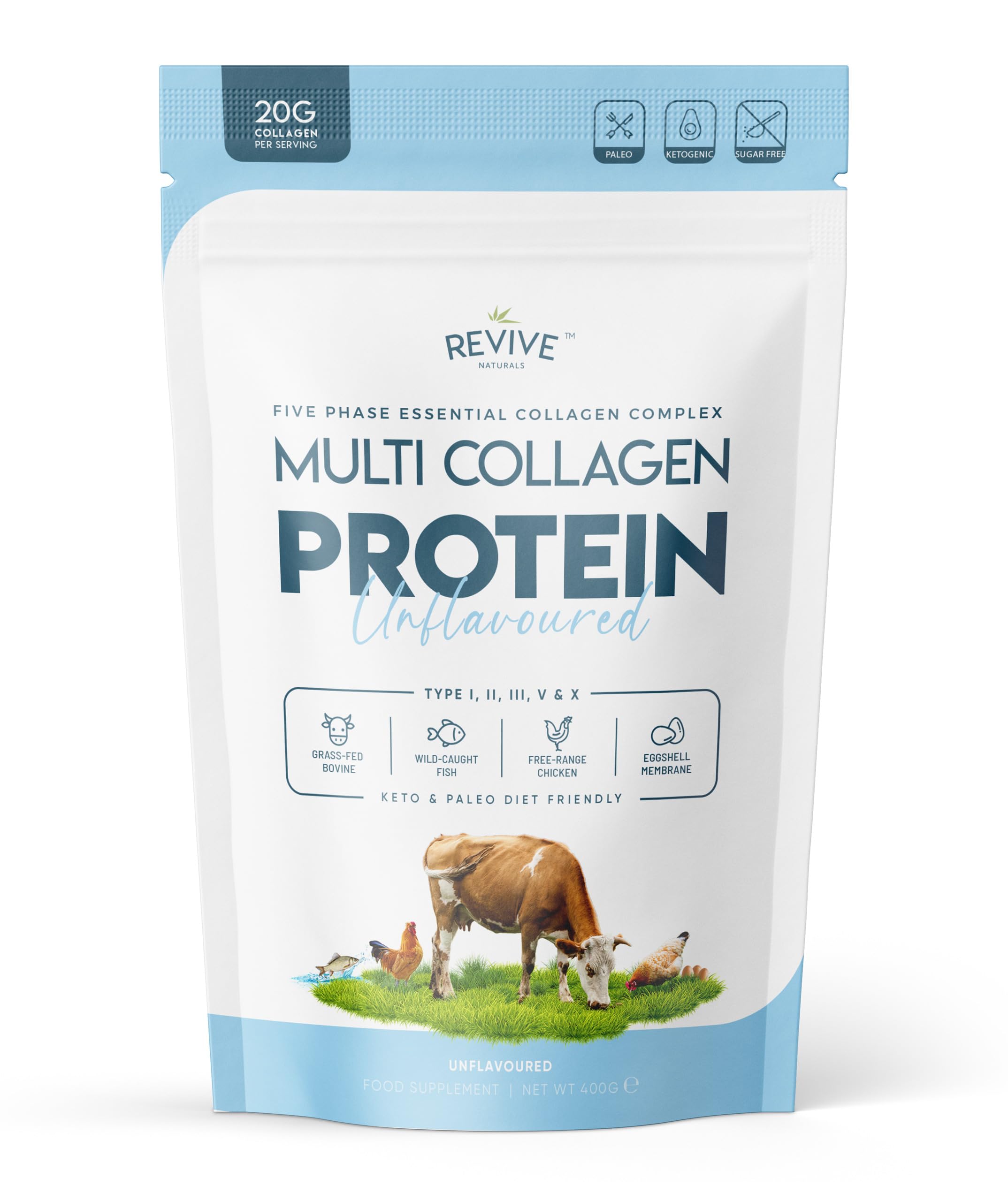 Multi Collagen Protein Powder 400g - Types I, II, III, V & X - Hydrolyzed Grass 