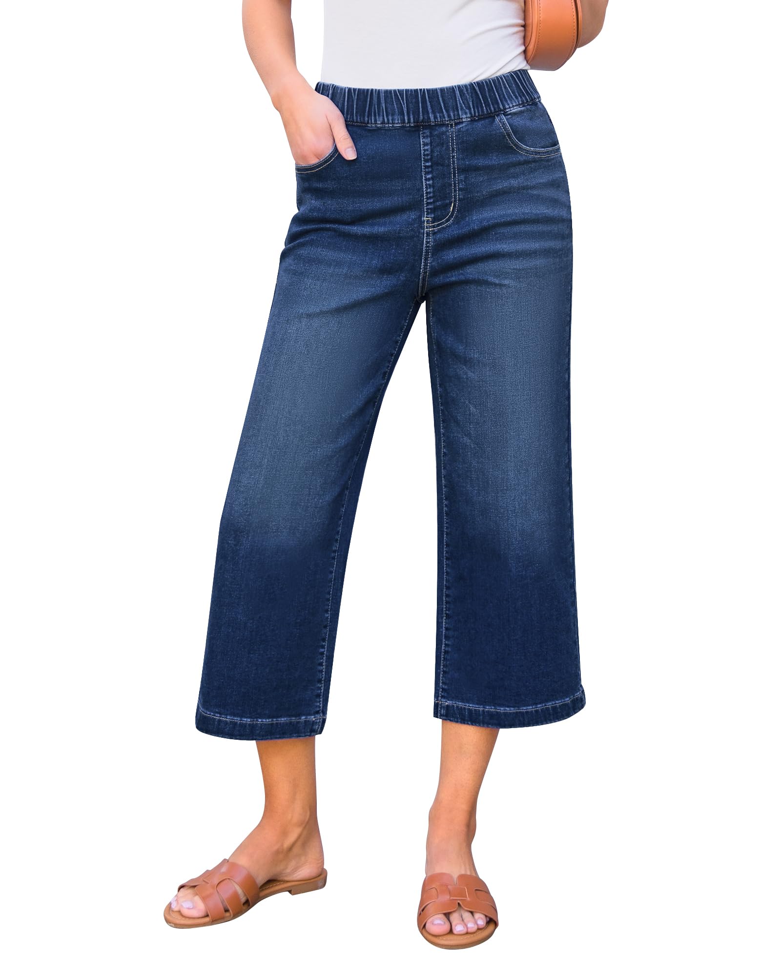 GRAPENT Capri Jeans for Women Wide Leg High Waisted Effortless Flow Pull On Stre