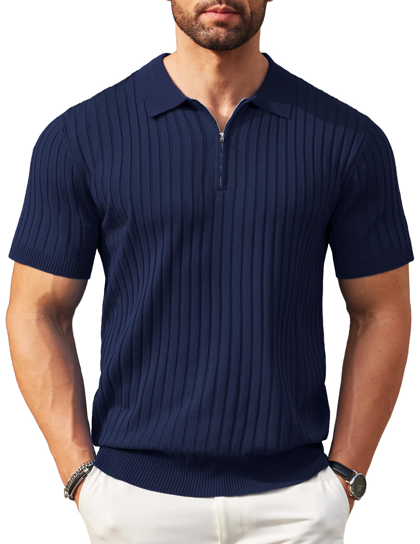 Coofandy Mens Classic Fit Casual Short Sleeve Zip Up Knit Polo Shirt