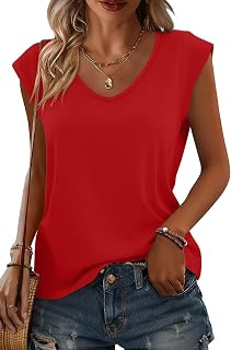 Camisetas de manga casquillo con cuello en V para mujer, para verano, casual, talla grande, playa, vacaciones, moda, entrenamiento, ropa