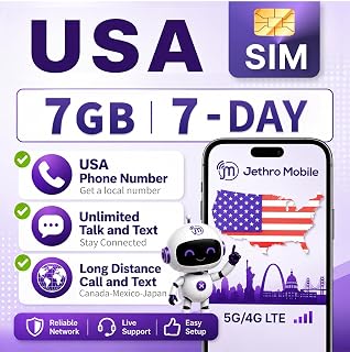 Jethro Mobile USA SIM Card (Uses T-Mobile), 7GB High-Speed 4G/5G Data, Unlimited Talk, Text, & Basic Data, Same Day Activation, Data Usage Tracking, US SIM Card for Canadian Travelers (7-Days)