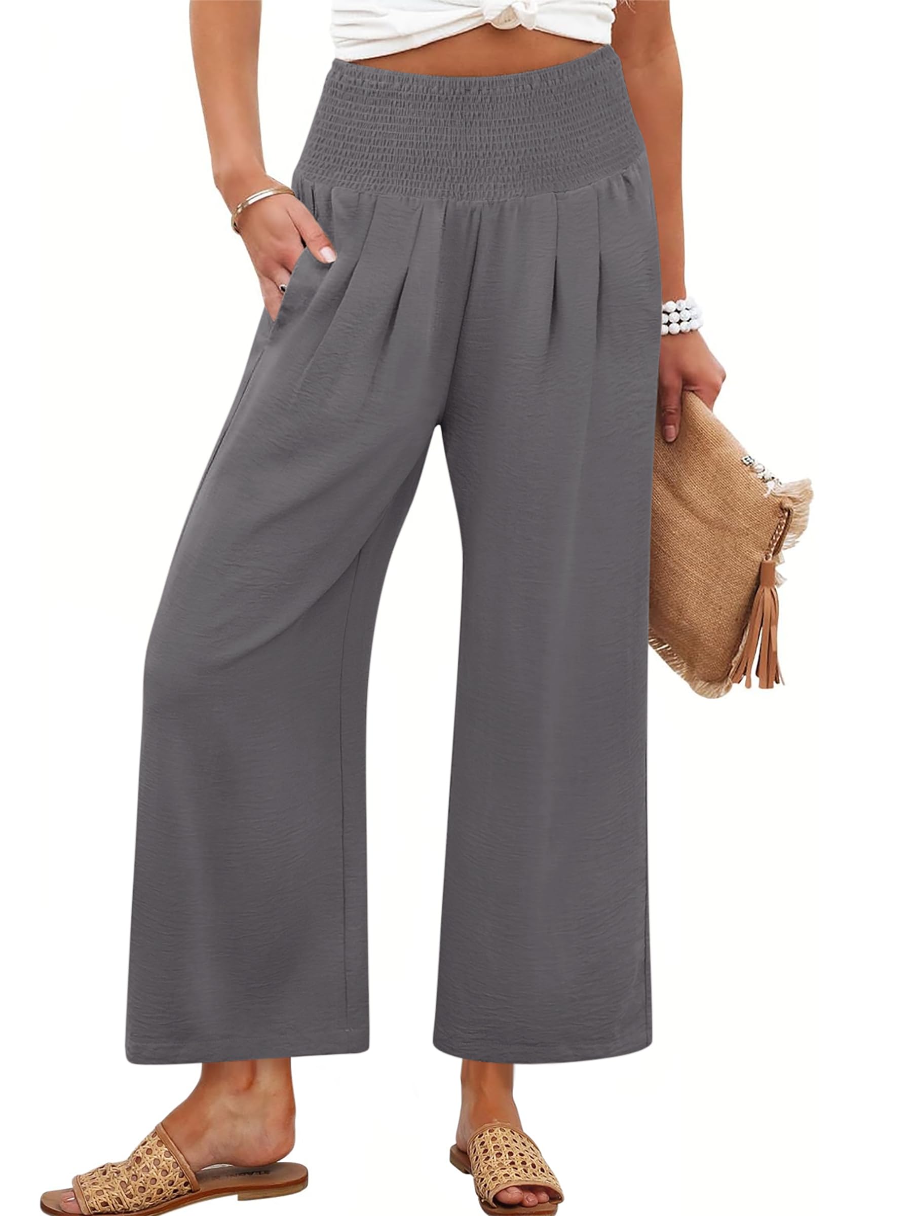 ANRABESS Womens Pants Wide Leg High Waisted Palazzo Pants Summer Flowy Beach Lou