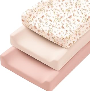 Konssy 3 Pack Stretchy Changing Pad Covers, 32"x16" Changing Table Sheets | Silky Soft &amp; Breathable Fabric, 360° Full Elastic Fit, Floral Printed &amp; Solid Designs, for Baby Girls &amp; Boys (Pink Spring)