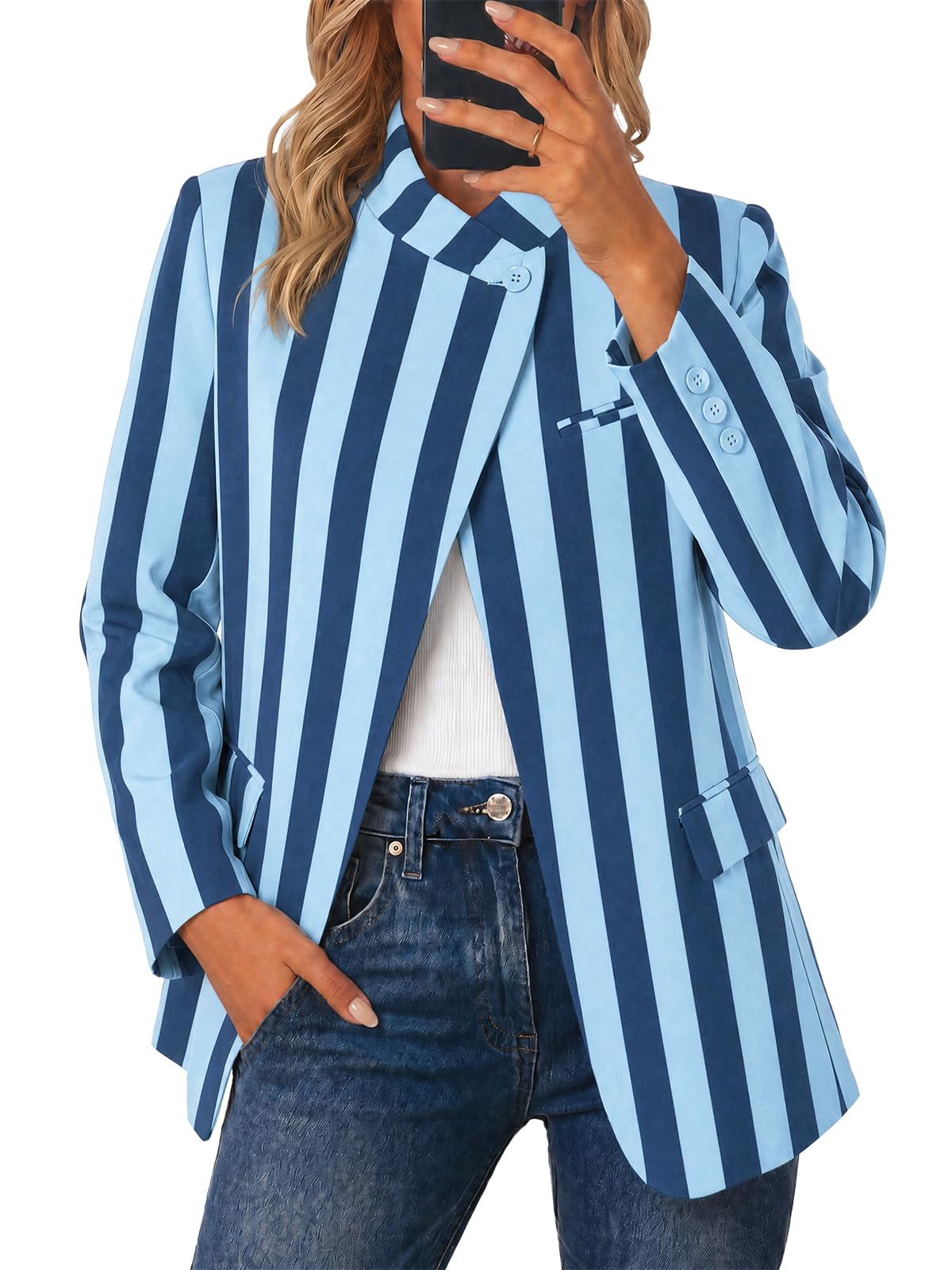 Cicy Bell Blazer a cuadros para mujer, cuello alto, frente abierto