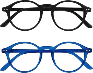 OPULIZE REY Reading Glasses - Pack of 2 - Retro Round Frame - Matte Black, Blue - Men and Women - Spring Hinges - RR56-13 - +2.00